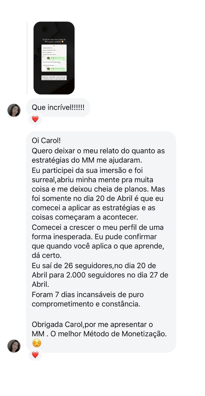 Print de resultado de aluna do Método Monetiza